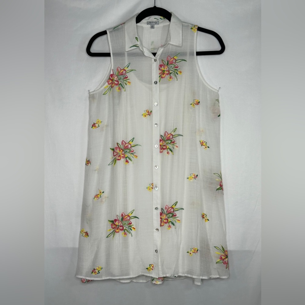 Rose & Everly White Pink Yellow Green Floral‎ Embroidered Shirt Dress Sz XL